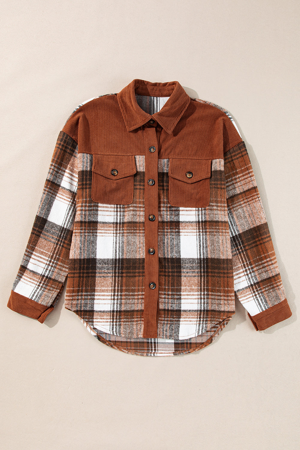 Light Pink Plaid Corduroy Patchwork Chest Pocket Shacket