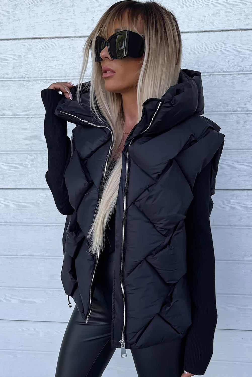 White Quilted Zipper Front Hooded Vest Coat