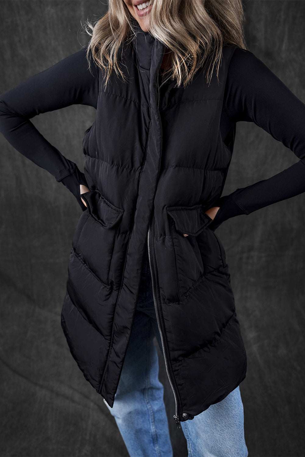 Black Windproof Longline Full Zipper Puffer Vest with Pockets