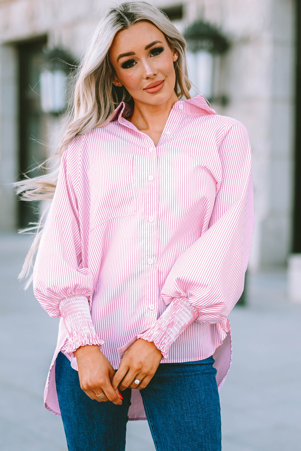 Sky Blue Smocked Cuffed Striped Boyfriend Shirt with Pocket