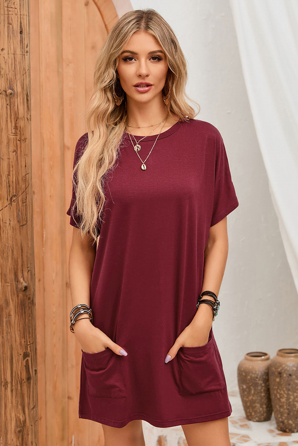 Khaki Side Pockets Short Sleeve Tunic Top