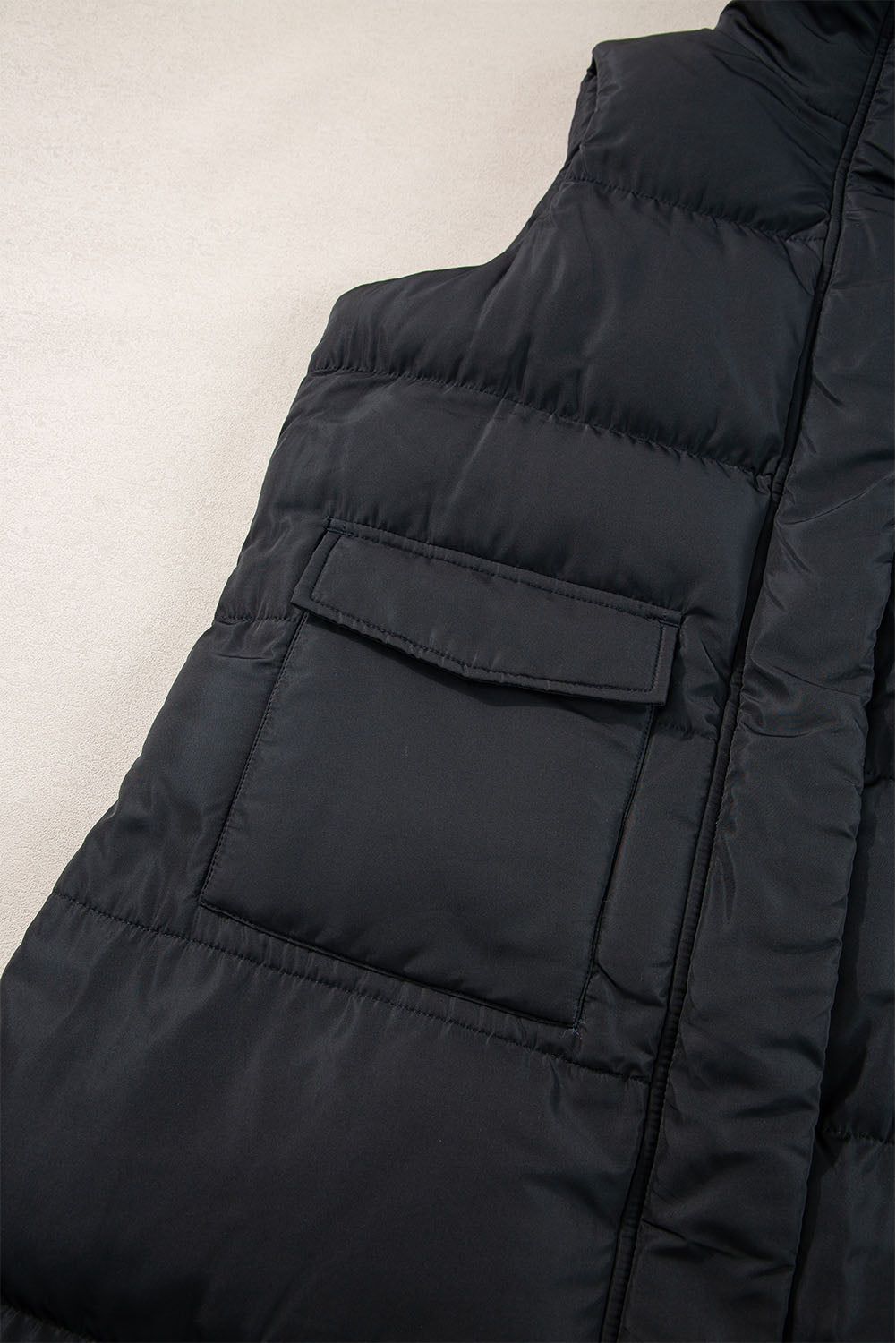 Black Windproof Longline Full Zipper Puffer Vest with Pockets