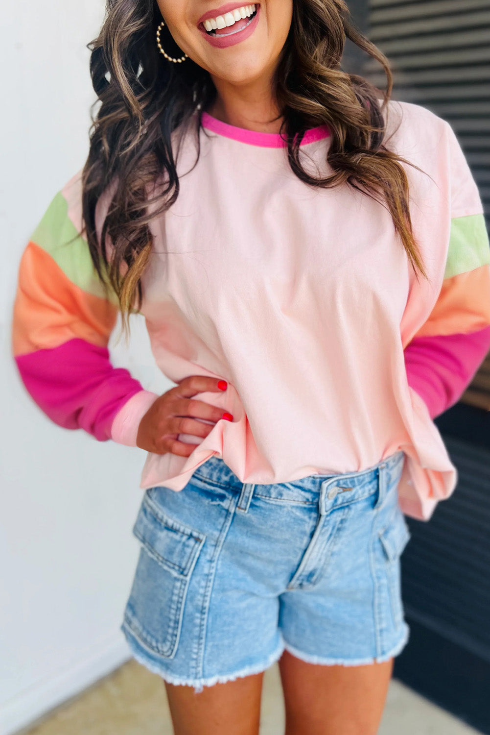 Rose Red Colorblock Patchwork Long Sleeve Loose Top