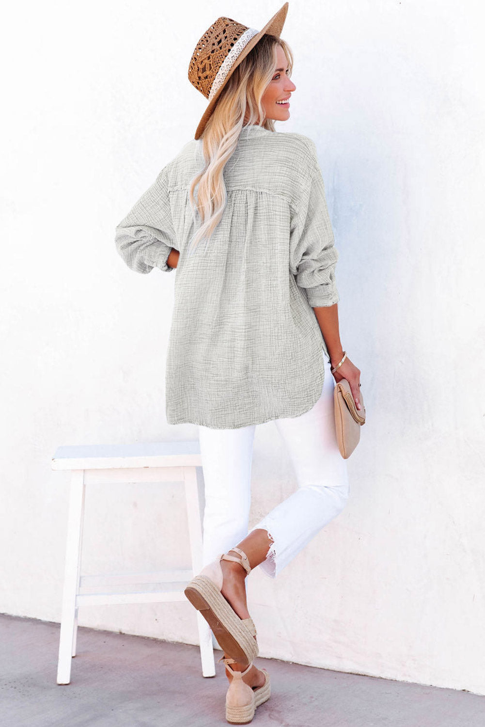 Pink Crinkle Textured Loose Henley Top