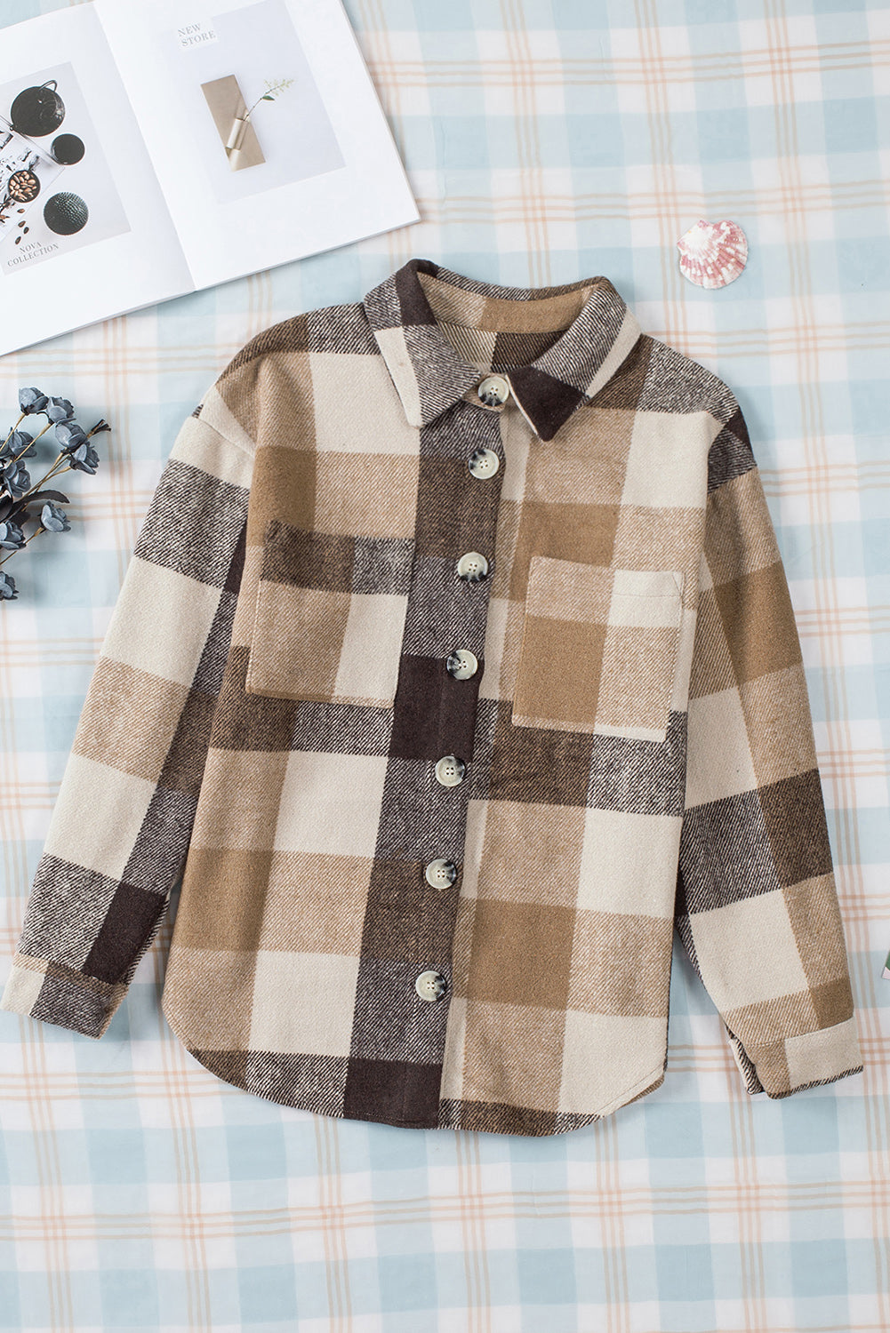 Plaid Color Block Buttoned Long Sleeve Jacket with Pocket