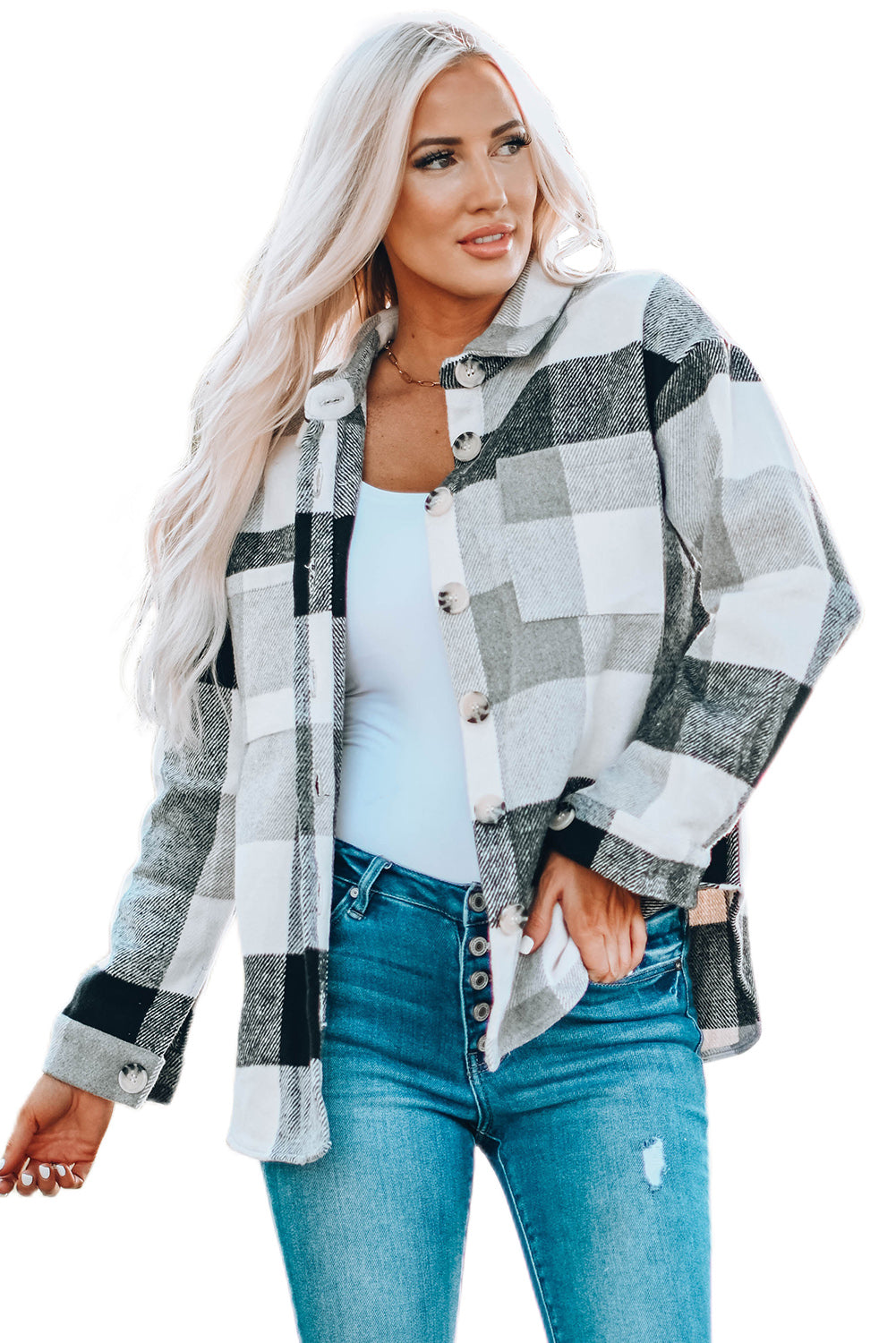 Plaid Color Block Buttoned Long Sleeve Jacket with Pocket