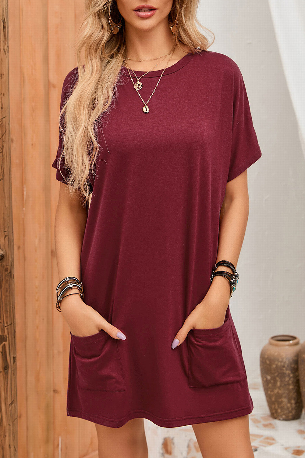 Khaki Side Pockets Short Sleeve Tunic Top