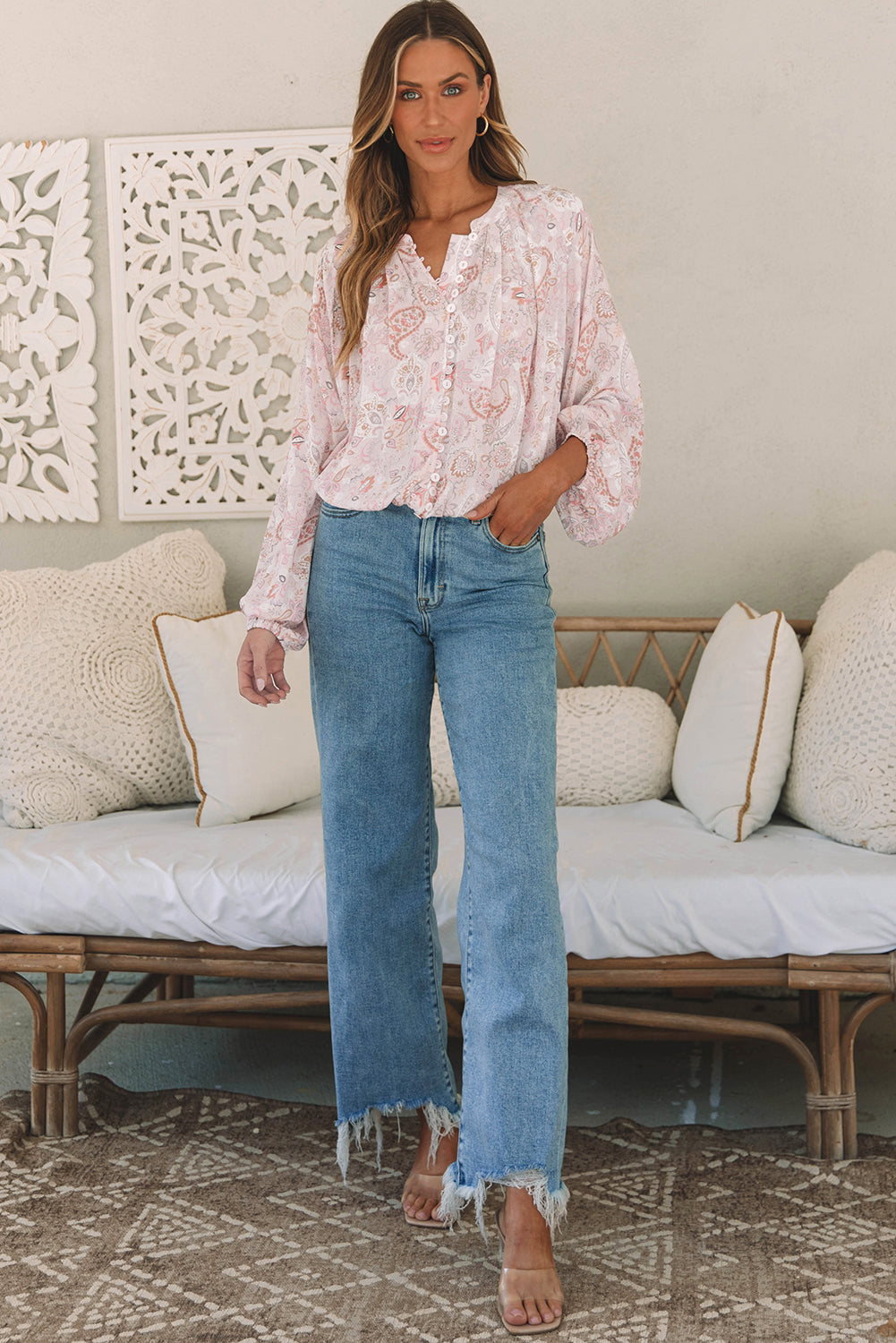 Pink Paisley Print Buttons Bubble Sleeve Blouse