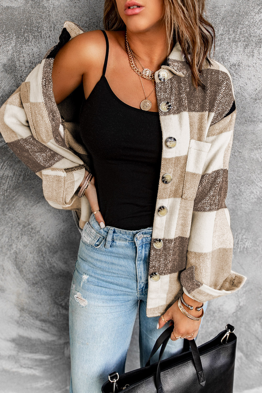 Plaid Color Block Buttoned Long Sleeve Jacket with Pocket