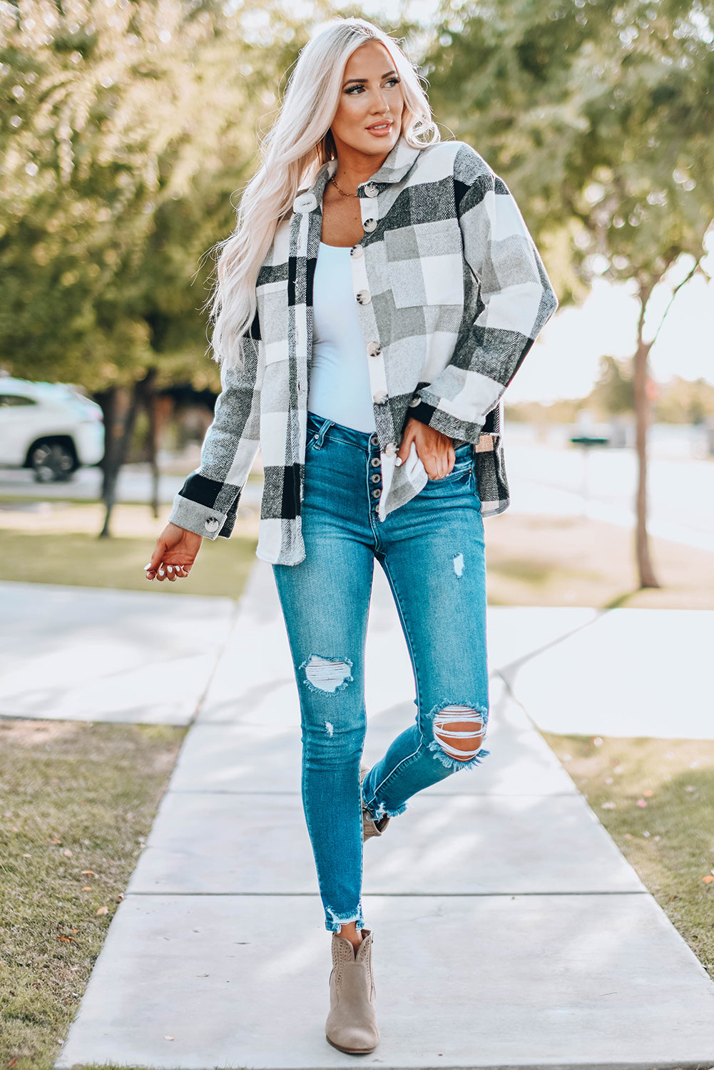 Plaid Color Block Buttoned Long Sleeve Jacket with Pocket