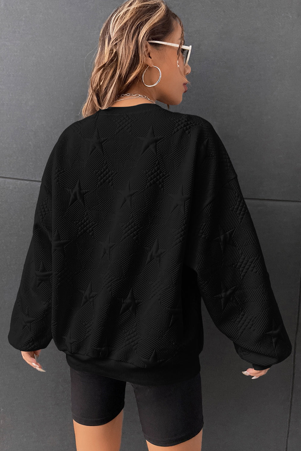 Peach Blossom Star Embossed Textured Drop Shoulder Sweatshirt