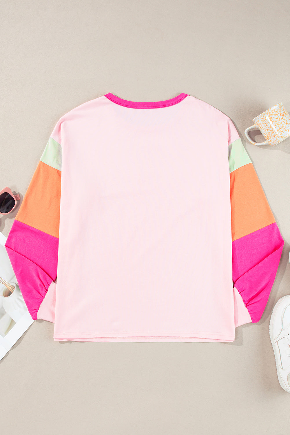 Rose Red Colorblock Patchwork Long Sleeve Loose Top