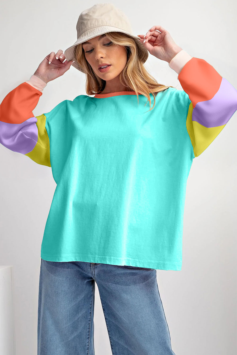 Rose Red Colorblock Patchwork Long Sleeve Loose Top