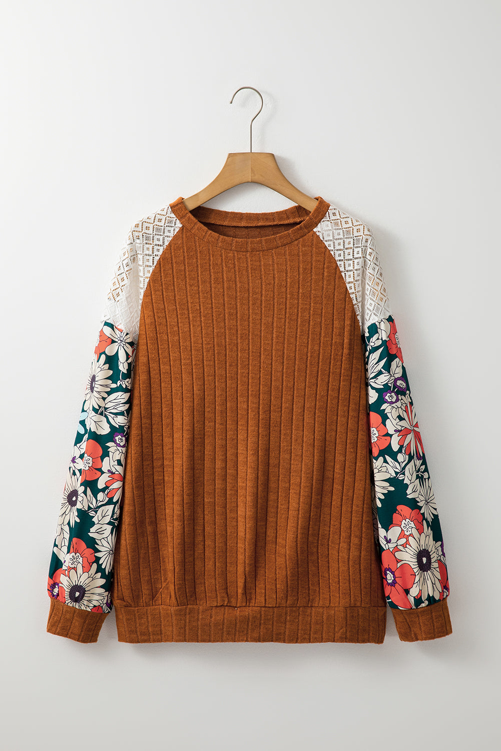 Laurel Green Floral Patchwork Long Sleeve Ribbed Blouse