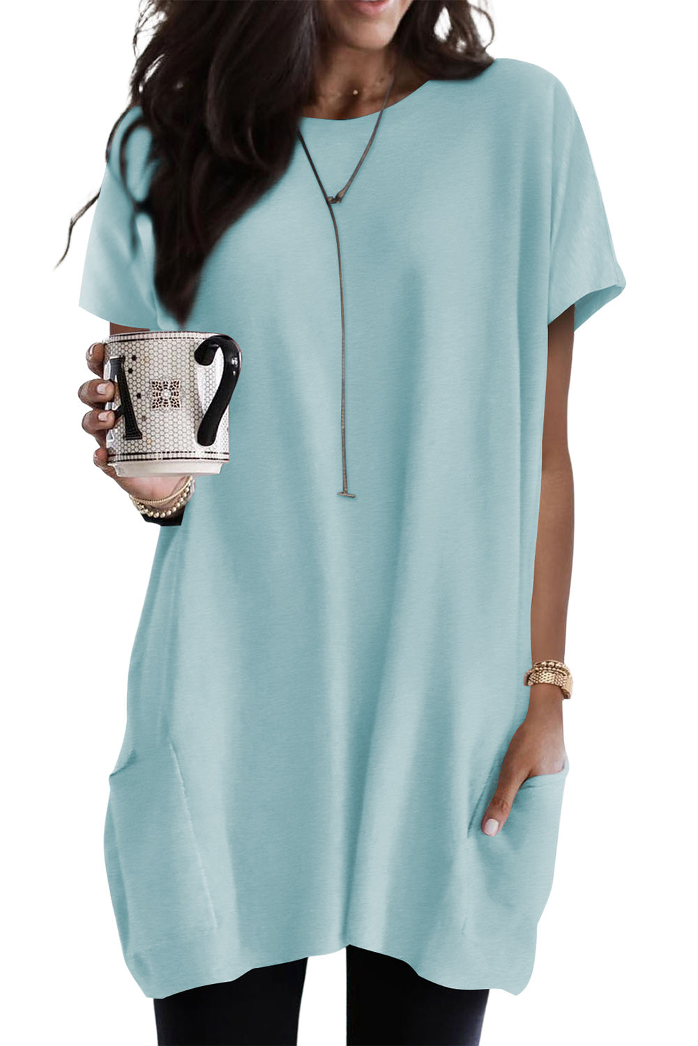 Khaki Side Pockets Short Sleeve Tunic Top