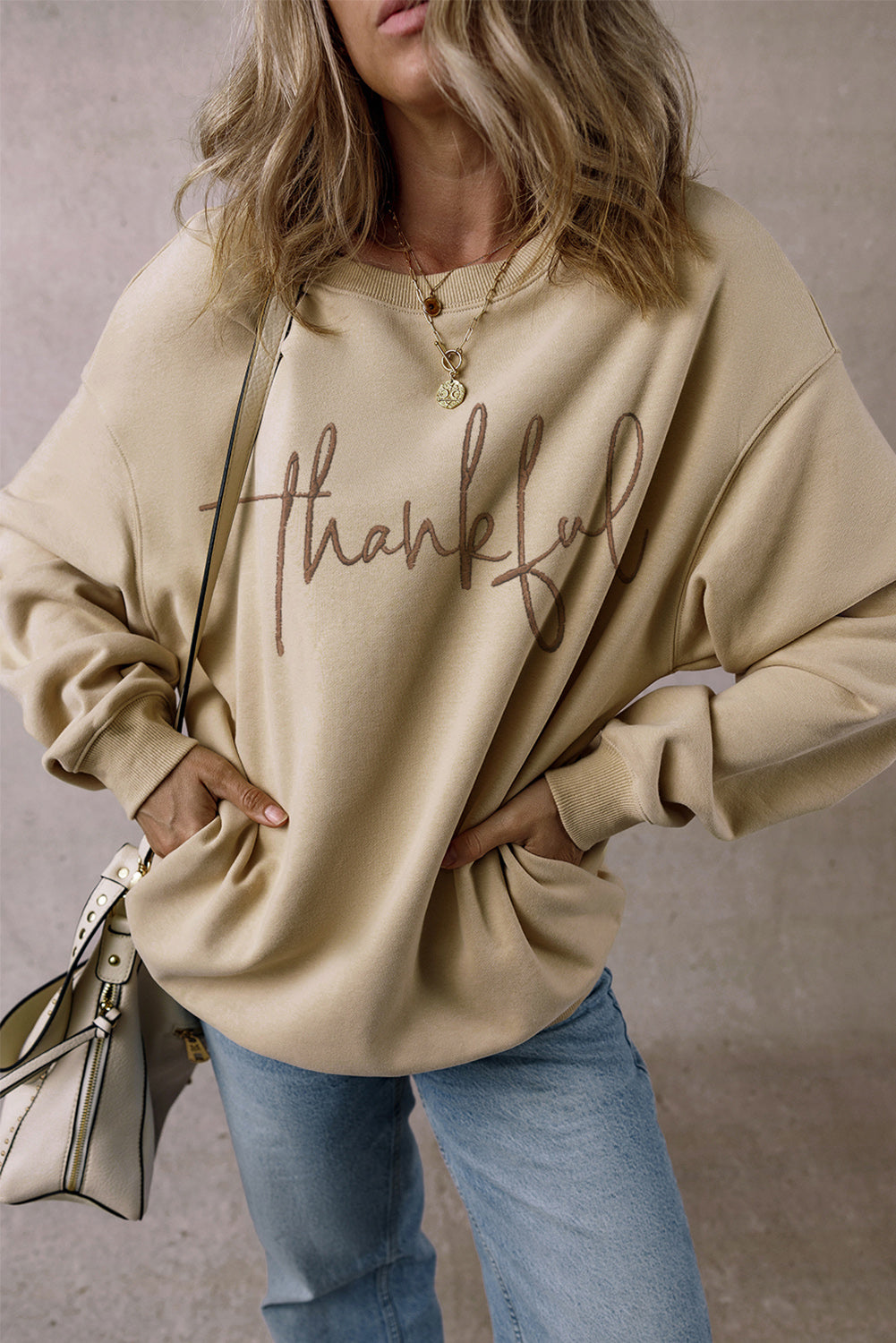 Parchment thankful Embroidered Drop Shoulder Pullover Sweatshirt