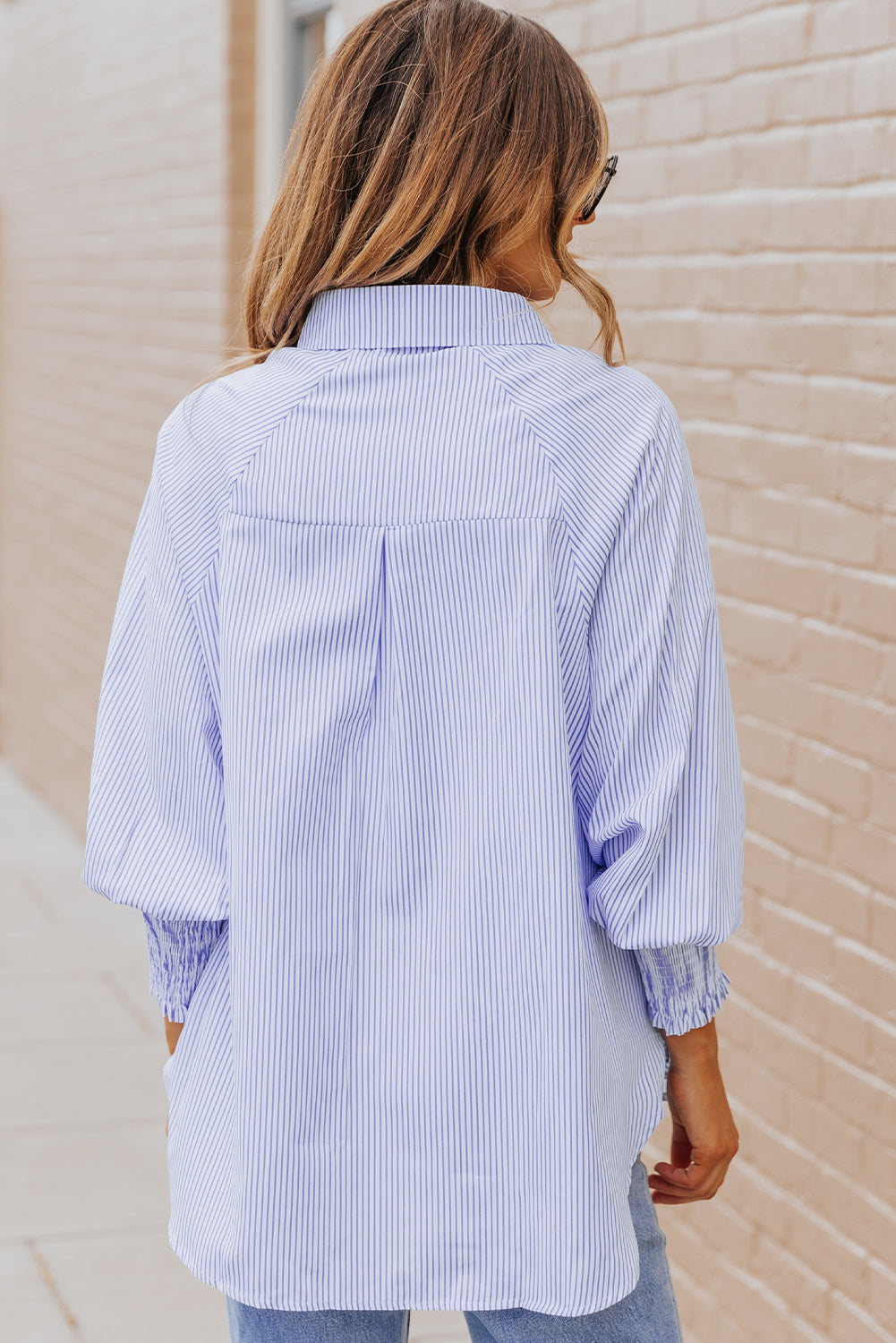 Sky Blue Smocked Cuffed Striped Boyfriend Shirt with Pocket