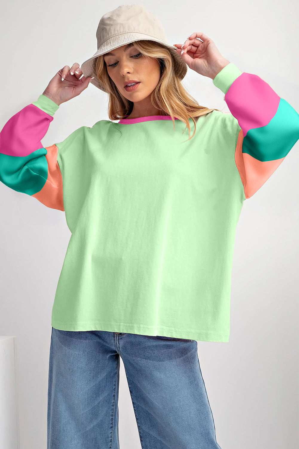 Rose Red Colorblock Patchwork Long Sleeve Loose Top