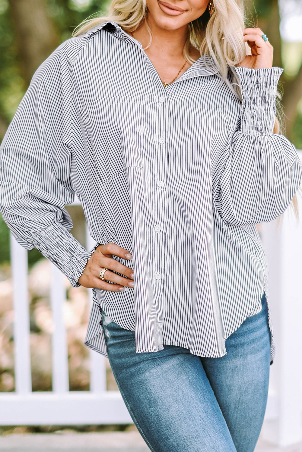 Sky Blue Smocked Cuffed Striped Boyfriend Shirt with Pocket