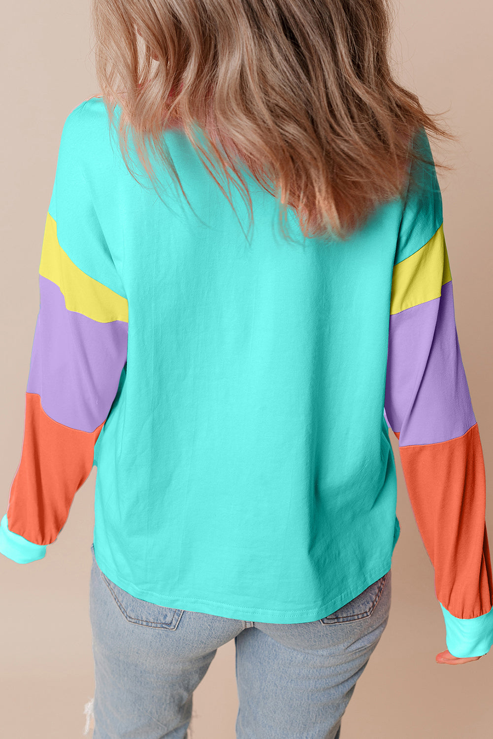 Rose Red Colorblock Patchwork Long Sleeve Loose Top