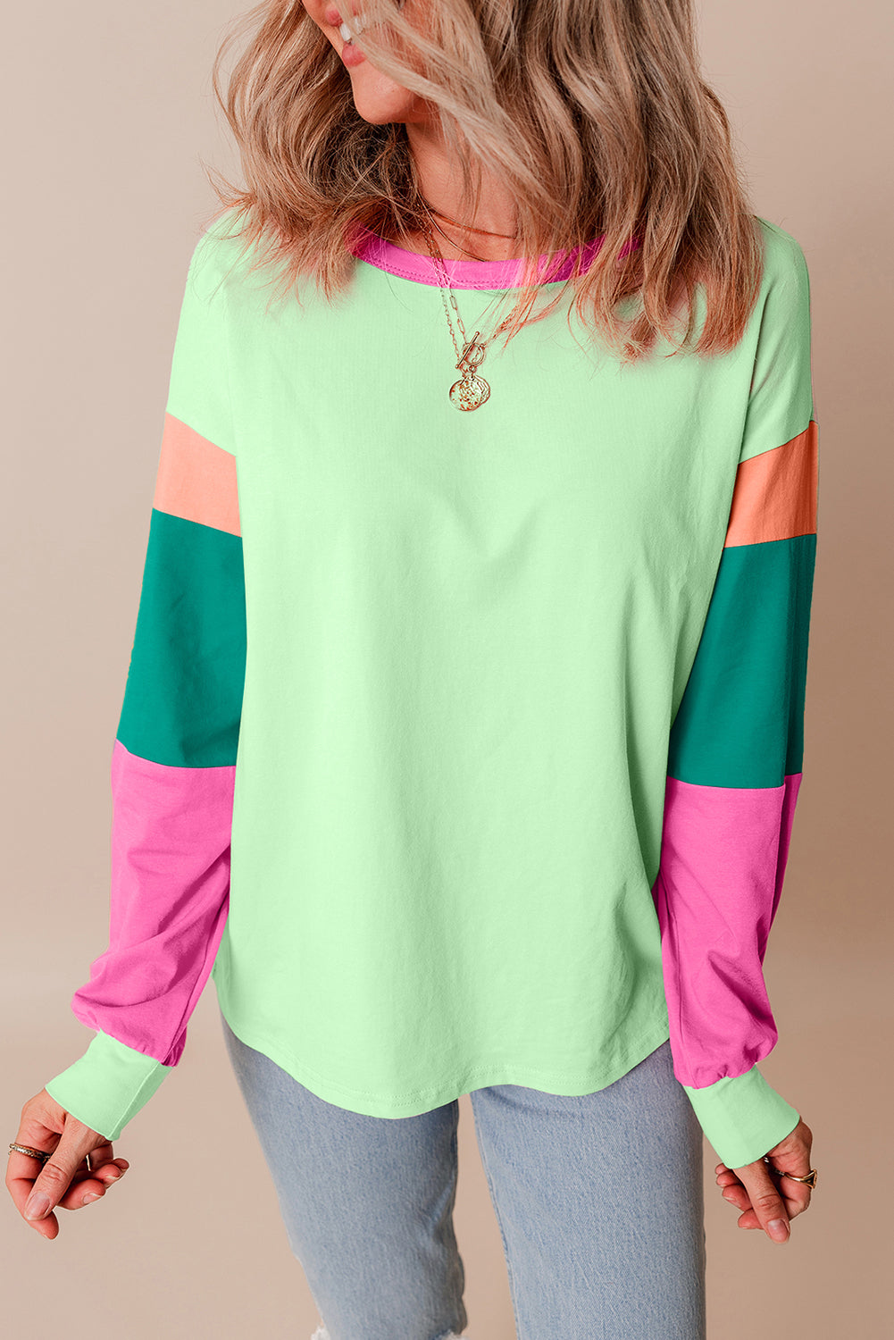 Rose Red Colorblock Patchwork Long Sleeve Loose Top