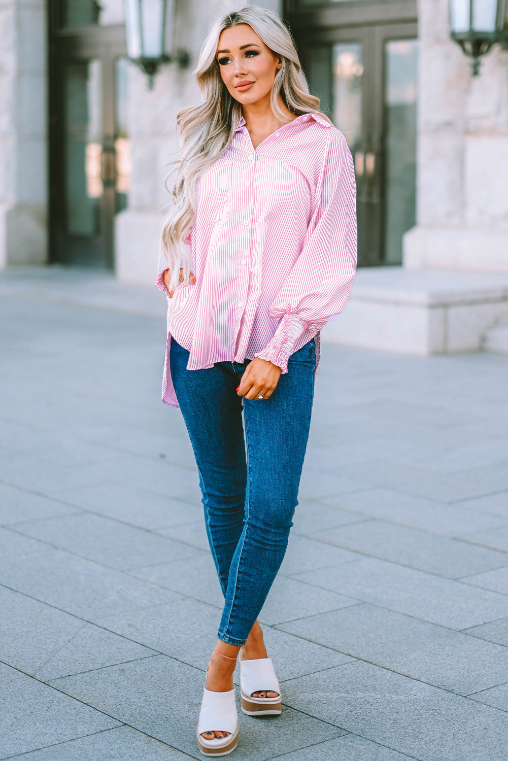 Sky Blue Smocked Cuffed Striped Boyfriend Shirt with Pocket