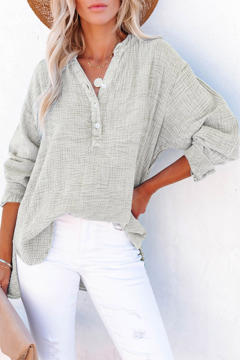 Pink Crinkle Textured Loose Henley Top