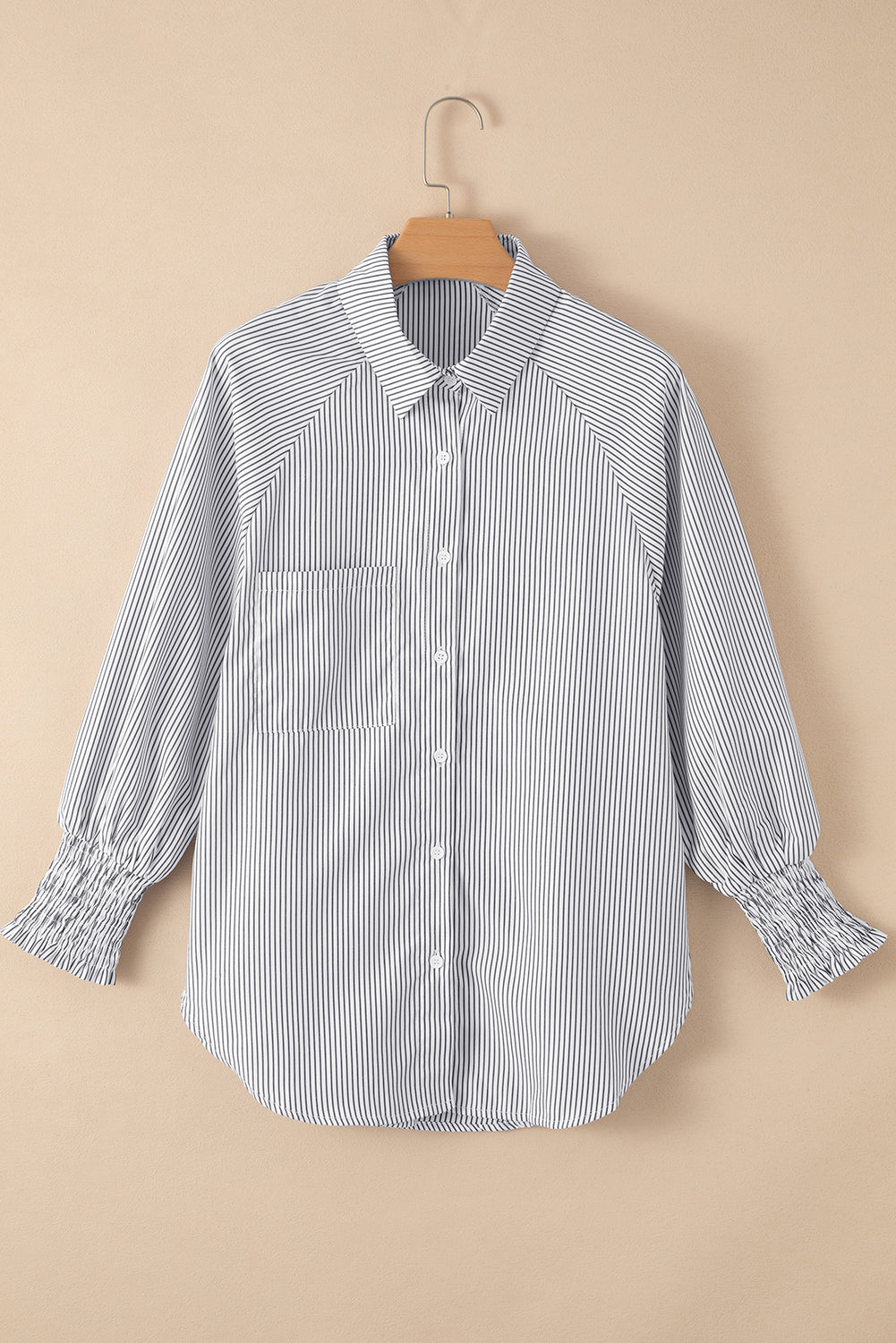 Sky Blue Smocked Cuffed Striped Boyfriend Shirt with Pocket