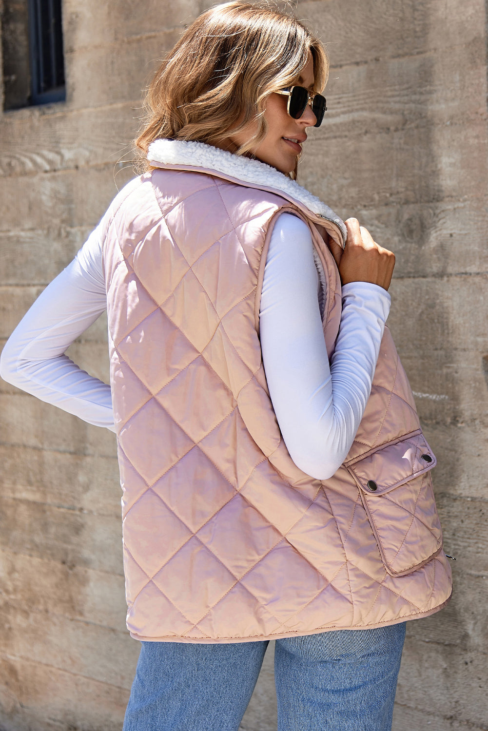 Pink Fleece Lined Quilted Vest Coats