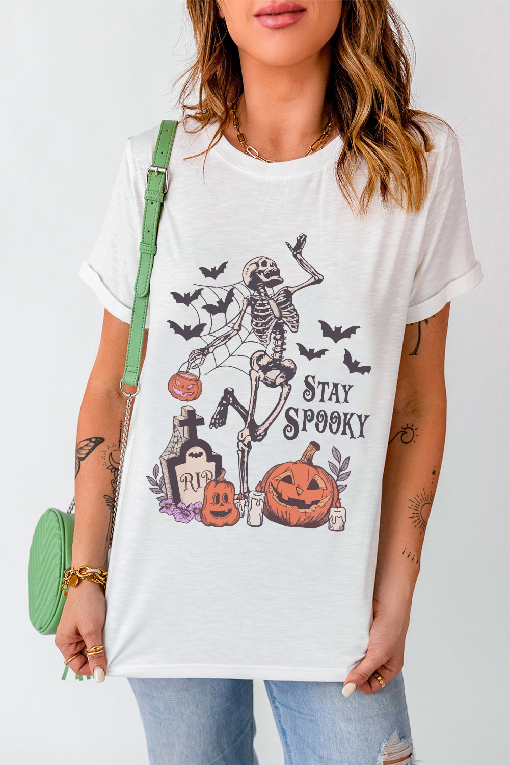 White Skull Pumpkin Face STAY SPOOKY Graphic Halloween T Shirt