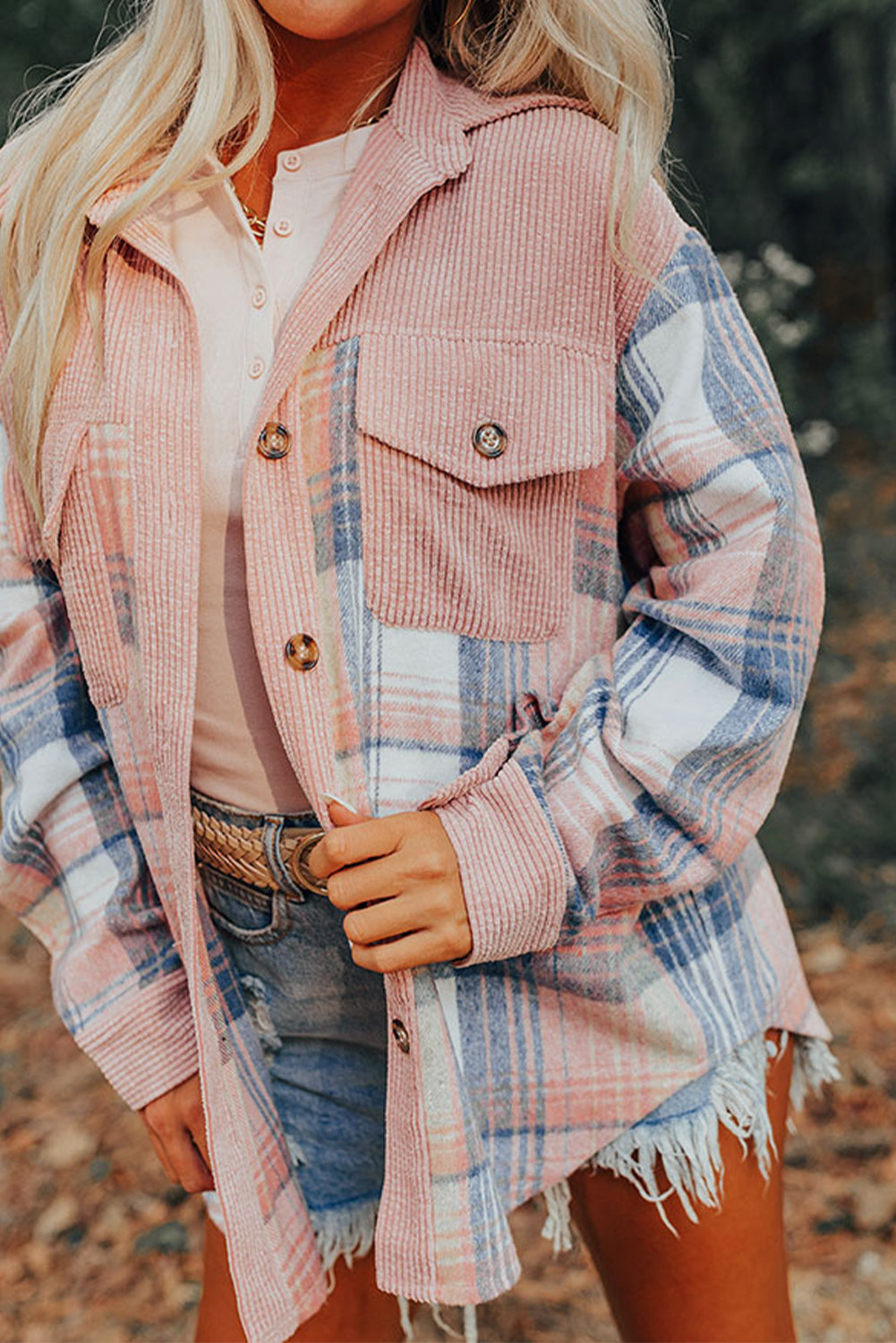 Light Pink Plaid Corduroy Patchwork Chest Pocket Shacket