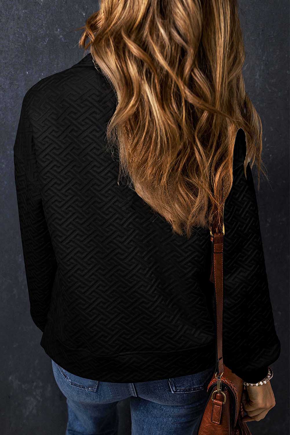 Black Solid Textured Half Zipper Collared Sweatshirt