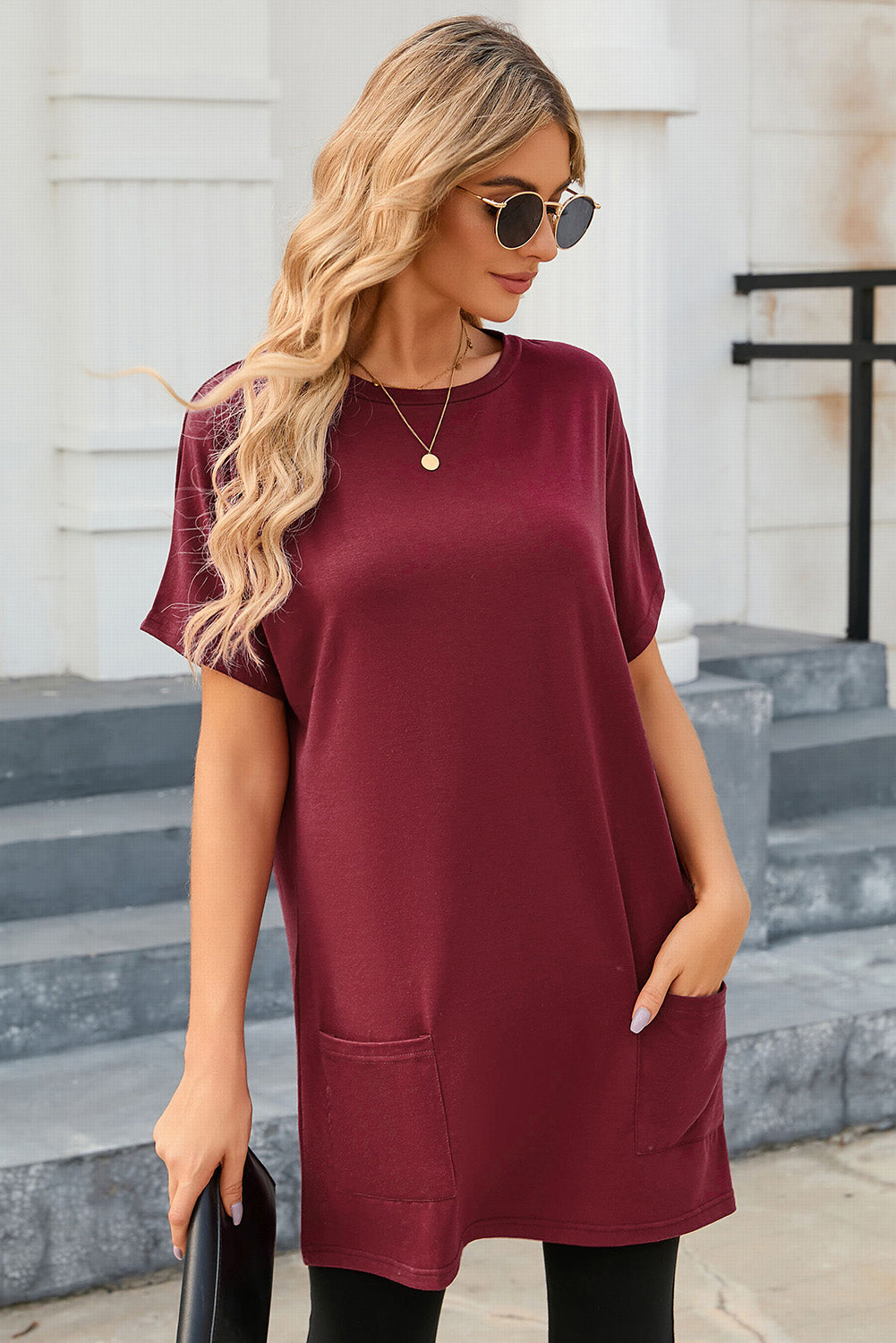 Khaki Side Pockets Short Sleeve Tunic Top