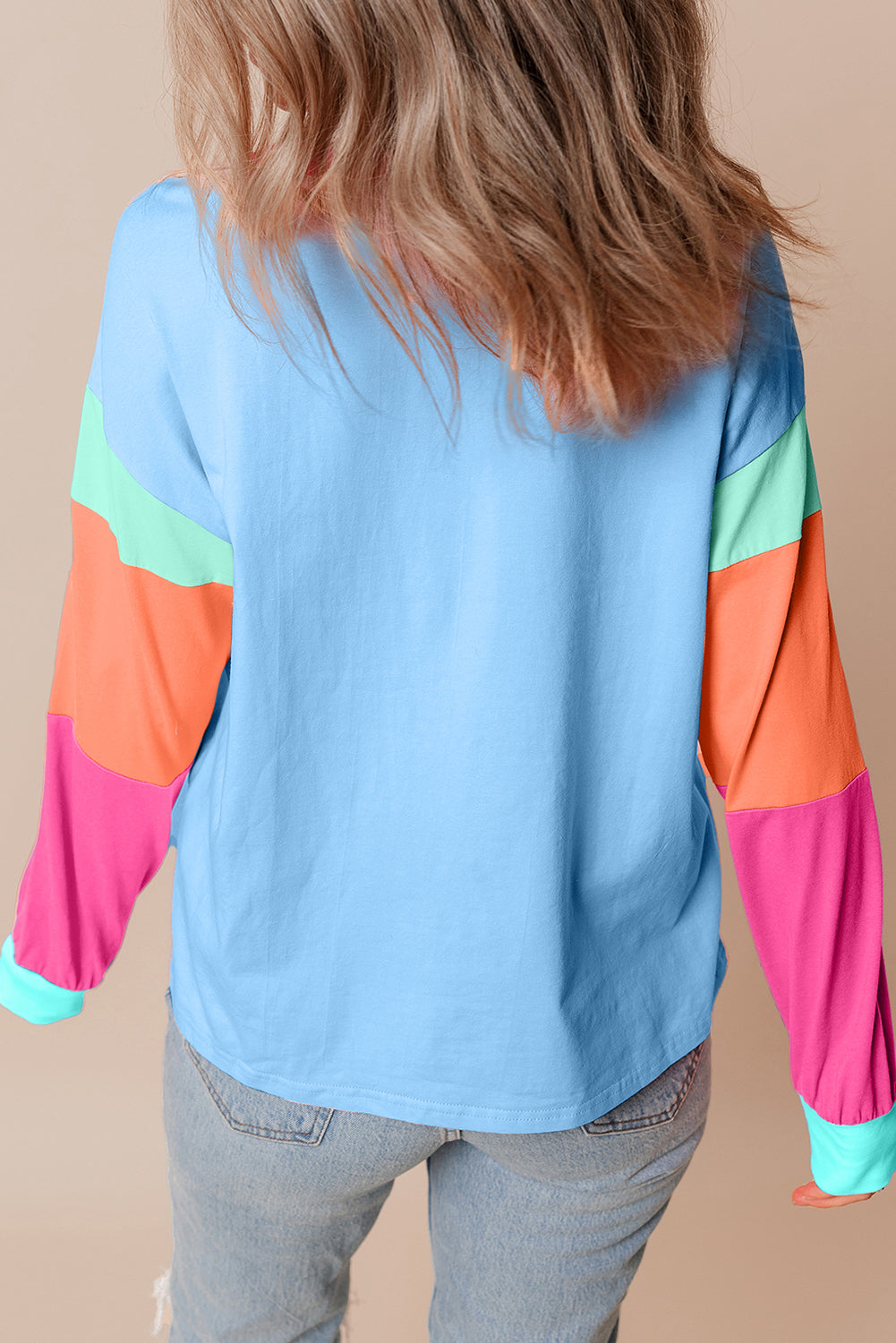 Rose Red Colorblock Patchwork Long Sleeve Loose Top